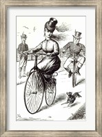 Framed Cartoon of a Lady on a Velocipede, 1869