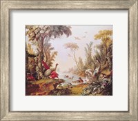 Framed Lake with geese, storks, parrots and herons, from the Salon of Gilles Demarteau