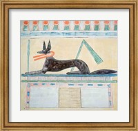 Framed Anubis, Egyptian god of the dead, lying on top of a sarcophagus
