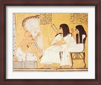 Framed deceased and his wife listening to a blind harpist