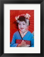 Framed Geisha in Blue with Orange Umbrella