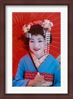 Framed Geisha in Blue with Orange Umbrella