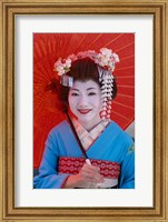 Framed Geisha in Blue with Orange Umbrella