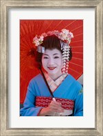 Framed Geisha in Blue with Orange Umbrella