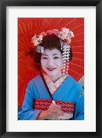 Framed Geisha in Blue with Orange Umbrella