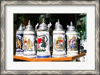 Framed Group of beer steins on a table, Munich, Germany