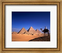 Framed Riding a camel near pyramids, Giza Pyramids, Giza, Egypt