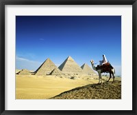 Framed Man riding a camel near the pyramids, Giza, Egypt