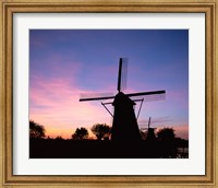 Framed Silhouette, Windmills On Purple Sunset, Kinderdijk, Netherlands