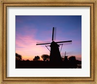 Framed Silhouette, Windmills On Purple Sunset, Kinderdijk, Netherlands