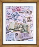 Framed Close-up of yuan notes on a map