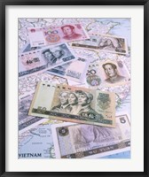Framed Close-up of yuan notes on a map