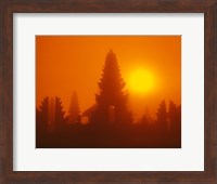 Framed Silhouette of a temple at sunrise, Bali, Indonesia