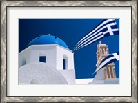 Framed Santorini, Oia , Cyclades Islands, Greece With Flag