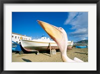 Framed Pelican and Fishing Boats on Beach, Mykonos, Cyclades Islands, Greece