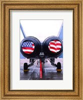 Framed FA-18 Hornet engines covered with American flag, USA