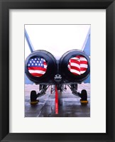 Framed FA-18 Hornet engines covered with American flag, USA