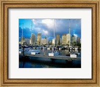 Framed Sailboats docked in a harbor, Ala Wai Marina, Waikiki Beach, Honolulu, Oahu, Hawaii, USA