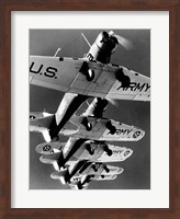 Framed Low angle view of five fighter planes flying in formation