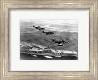 Framed High angle view of four fighter planes flying over an aircraft carrier, US Navy Banshees, USS Coral Sea (CV-43)