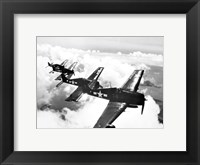 Framed High angle view of four fighter planes flying in formation, F6F Hellcat