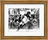 Framed Side profile of a cowboy riding a bull at a rodeo