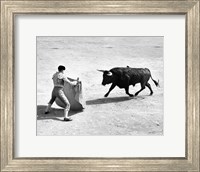 Framed High angle view of a bullfighter with a bull in a bullring, Madrid, Spain