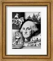 Framed George Washington's face superimposed over a montage of pictures depicting American history, USA