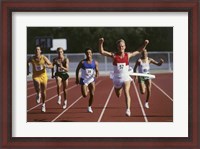 Framed Male athletes running on a running track