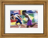 Framed Side profile of two young men running on a running track