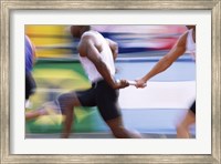 Framed Side profile of three men passing a relay baton