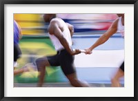 Framed Side profile of three men passing a relay baton