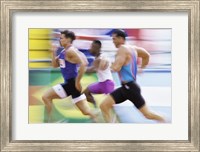 Framed Side profile of three men running on a track