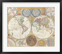 Framed 1794 Samuel Dunn Wall Map of the World in Hemispheres