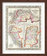 Framed 1860 Mitchell's Map of Peru, Ecuador, Venezuela, Columbia and Argentina