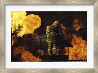 Framed Side profile of a firefighter holding an axe
