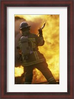 Framed Rear view of a firefighter holding an axe
