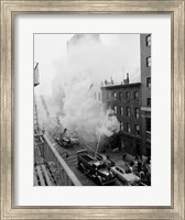 Framed New York City, Fire on East 47th Street, with fire engines shooting water on burning building