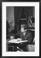 Framed Proclamation Signing, Cuba Quarantine. President Kennedy. White House, Oval Office