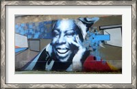 Framed Graffiti of blue smiling women with abstract background somewhere in Gdynia