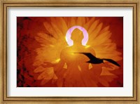 Framed Image of a flower and bird superimposed on a person meditating