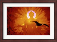 Framed Image of a flower and bird superimposed on a person meditating