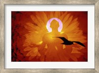 Framed Image of a flower and bird superimposed on a person meditating