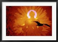 Framed Image of a flower and bird superimposed on a person meditating