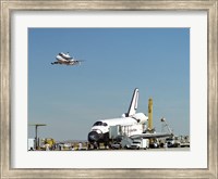 Framed Endeavour on Runway with Columbia on SCA Overhead