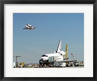 Framed Endeavour on Runway with Columbia on SCA Overhead