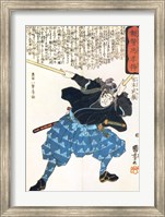 Framed Musashi Miyamoto with two Bokken (wooden quarterstaves)