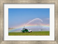 Framed Rainbow seen under the spray from sprinkler in a vegetable field, Florida, USA