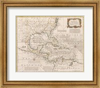 Framed 1720 Map of the West Indies with the Adjacent Coasts of North and South America