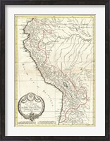 Framed 1775 Bonne Map of Peru, Ecuador, Bolivia, and the Western Amazon